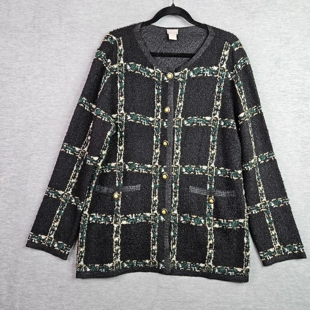 Chico's Travelers Women's Sz 2 12/14 Black Plaid Textured Cardigan Jack